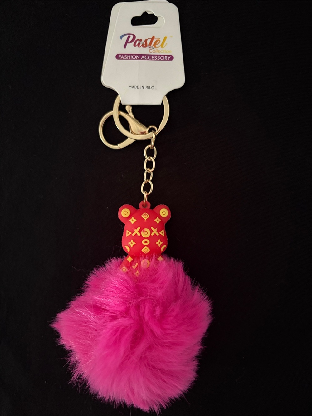 Hot Pink Fashion Pom Pom with Red Bear Bag Charm Keychain